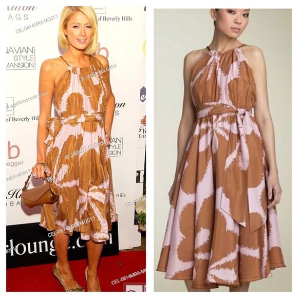 Diane Von Furstenberg Naro Midi Dress Size 4 100% Silk Tan Floral Halter DVF - Picture 1 of 14